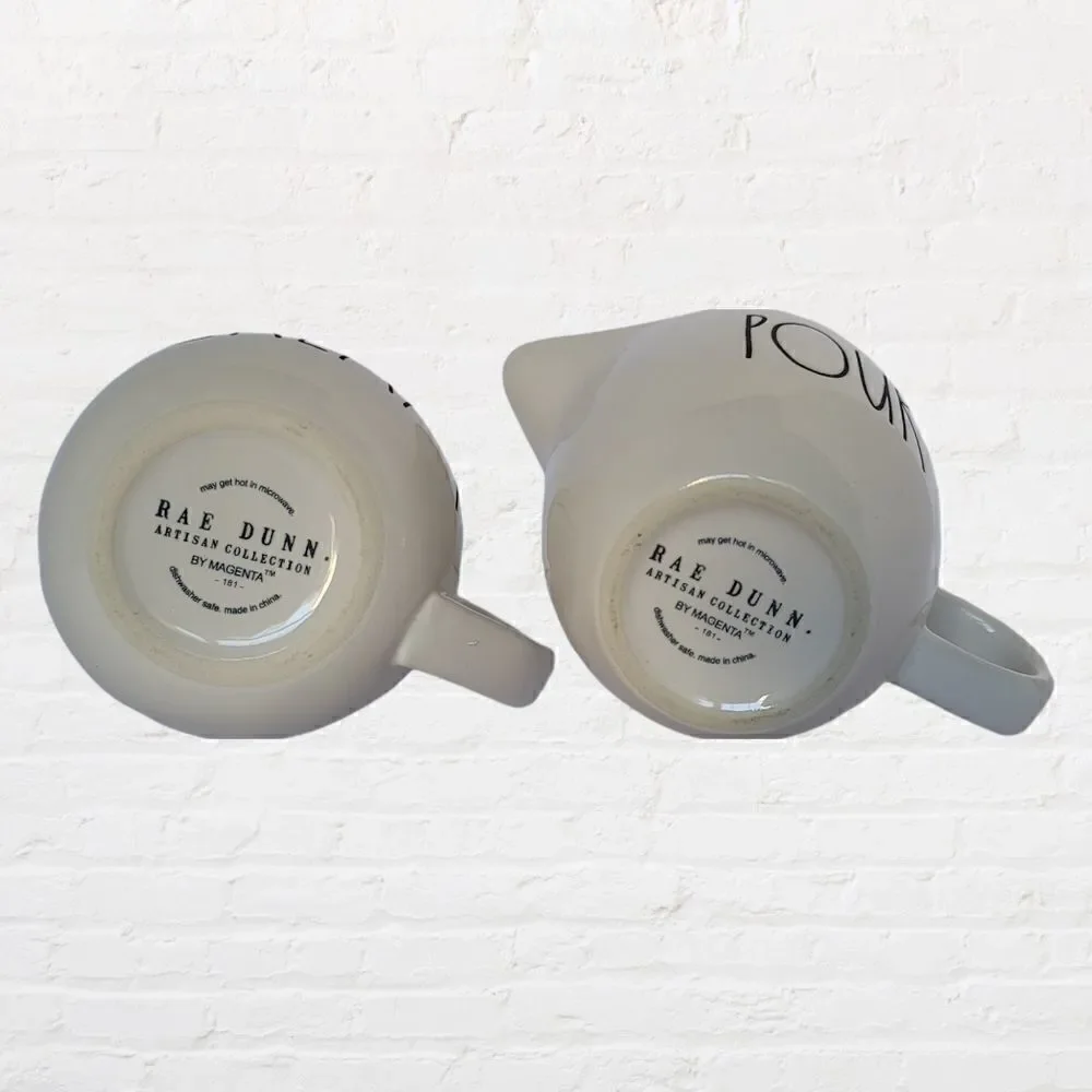 Rae Dunn Cream and Pour Pitchers/Mugs, White with Black Lettering, 3.5